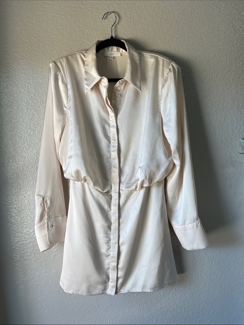 Klesis Cream Long Sleeve Mini Dress Satin Vintage Chic Sz L Shoulder Pads